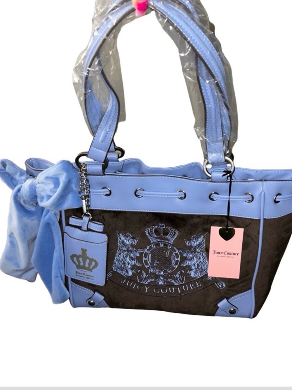 JUICY COUTURE VINTAGE SCOTTIE DOGS CHOCOLATE BROWN & BELAIR BLUE VELOUR TOTE NWT